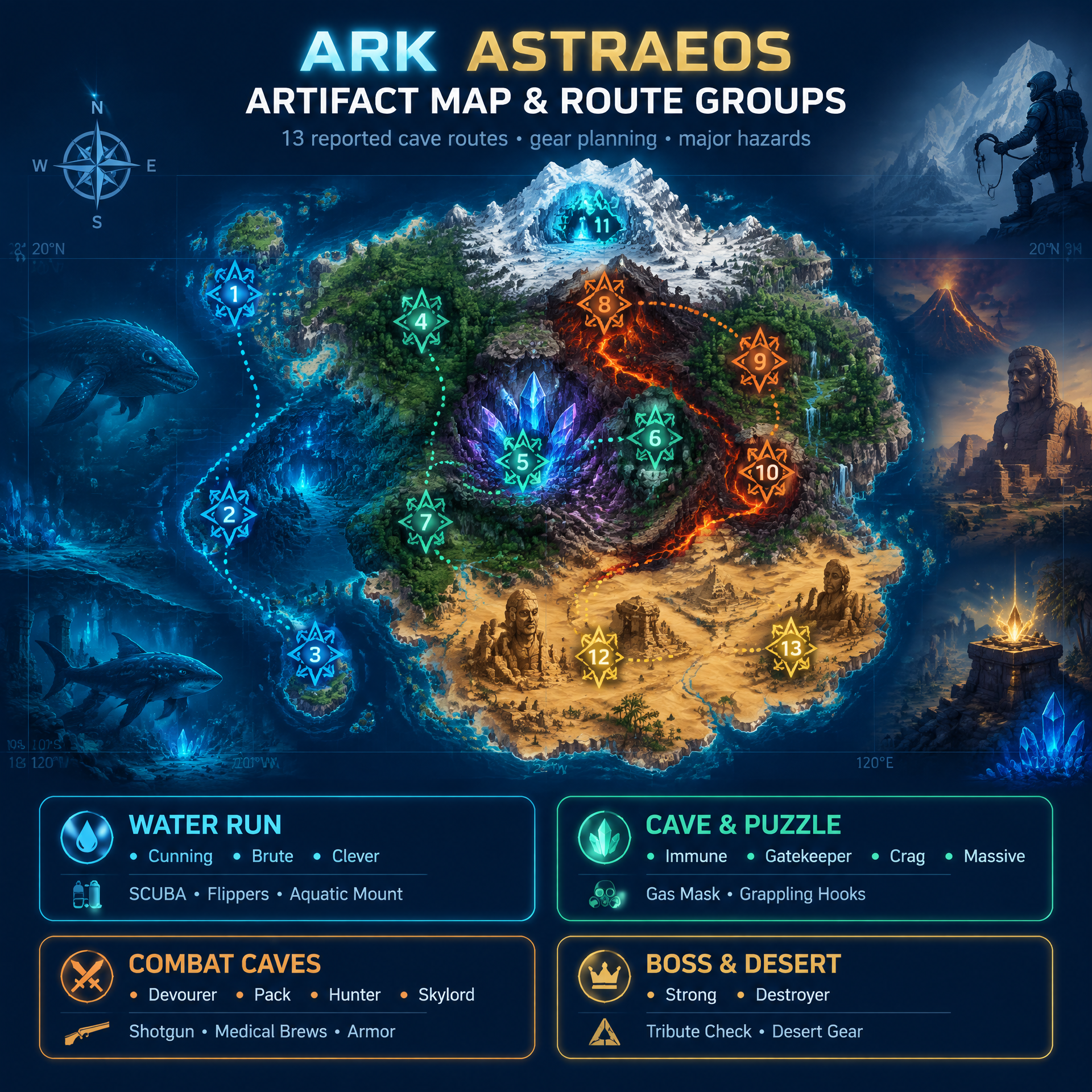 Map-style overview of reported ARK Astraeos artifact cave regions and route groups Map-style overview of reported ARK Astraeos artifact cave regions and route groups